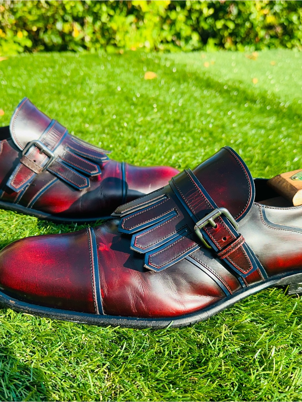 Louis Vuitton Burgundy and Black Leather Fringe Monk Strap Shoes